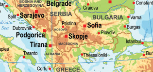 Piirretty karttakuva Balkanin alueesta havainnollistamassa, missä Skopje sijaitsee.